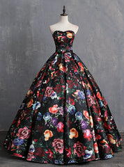 Black Satin Print Sweetheart Quinceanera Dresses With Bow