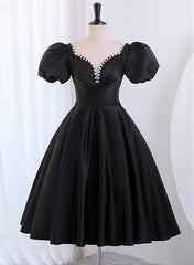 Black Satin Short Sleeves Knee Length Party Dress, Black Homecoming Dress