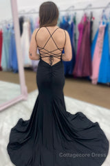 Black Satin Spaghetti Straps Mermaid Prom Dress