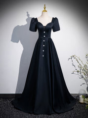 Black Satin Square Neck Short Sleeve Prom Dress