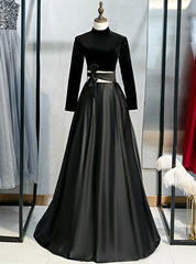 Black Satin Velvet Long Sleeve Cut Out Prom Dress