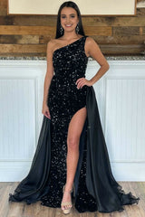 Black Sequin One-Shoulder Long Formal Dress with Attached Train