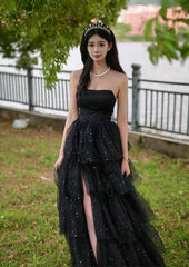 Black Shiny Tulle Layers Long Party Dress with Leg Slit, Black Tulle Prom Dress