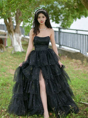 Black Shiny Tulle Layers Long Party Dress with Leg Slit, Black Tulle Prom Dress