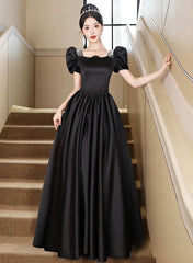 Black Short Sleeves Beaded A-line Satin Prom Dress, Black Satin Party Dress