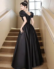 Black Short Sleeves Beaded A-line Satin Prom Dress, Black Satin Party Dress