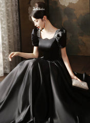 Black Short Sleeves Beaded A-line Satin Prom Dress, Black Satin Party Dress