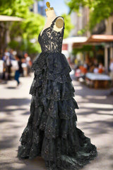 Black Sparkly Corset Prom Dresses Off The Shoulder Tiered A-Line Sweetheart Neck Tulle Lace Evening Dresses