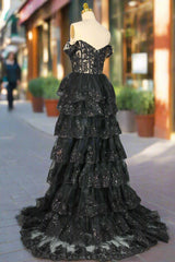 Black Sparkly Corset Prom Dresses Off The Shoulder Tiered A-Line Sweetheart Neck Tulle Lace Evening Dresses