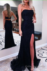 Black Sparkly Strapless Long Sheath Prom Dress with Slit Formal Evening Dresses