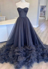 Black Strapless Long Prom Dresses with Ruffle Skirt