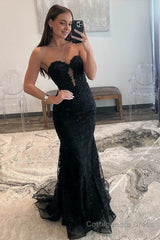 Black Sweetheart Lace Appliques Mermaid Long Prom Dresses