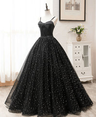 Black Sweetheart Straps Tulle Long Evening Gown Sleeveless Floor-Length Prom Dresses prom dresses shops