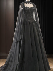 Black Sweetheart Tulle with Lace Long Sweet 16 Dress, Black Formal Dress with Cape