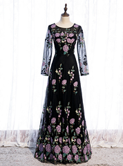 Black Tulle Embroidery Long Sleeve Scoop Prom Dress