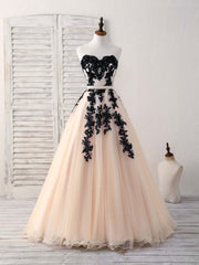 Black Tulle Lace Applique Long Prom Dress, Black Evening Dress