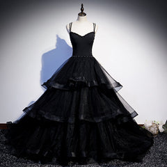 Black Tulle Layers Straps Beaded Long Evening Dress, Black Formal Dress Prom Dress