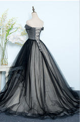 Black Tulle Off Shoulder Floor Length Gown, Black Evening Dresses