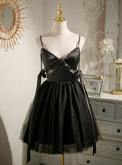 Black Tulle Satin Spaghetti Straps Pearls Homecoming Dress