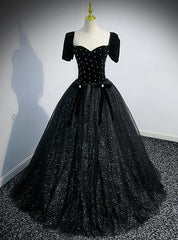 Black Tulle Sequins Strapless Prom Dress