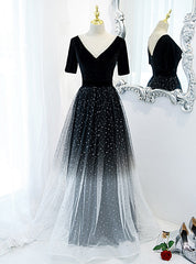 Black Tulle Short Sleeve Backless Prom Dress