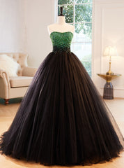 Black Tulle Strapless Green Beading Prom Dress