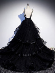 Black V Neck Tulle Long Prom Dress, Black Formal Graduation Dress with Beading