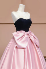 Black Velvet and Pink Satin Long Prom Dress with Bow, Beautiful A-Line Strapless Formal Party Dress