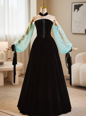 Black Velvet Long Sleeve Strapless Prom Dress