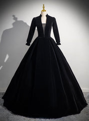 Black Velvet Long Sleeve V-neck Quinceanera Dress