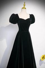 Black Velvet Short Sleeves Floor Length Long Prom Dress, Black Velvet Long Formal Evening Dresses