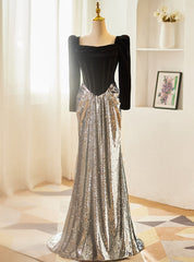 Black Velvet Silver Sequins Long Sleeve Prom Dress