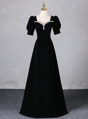 Black Velvet Square Neck Short Sleeve Beading Prom Dress