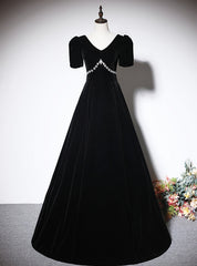 Black Velvet V-neck Short Sleeve Crystal Prom Dress