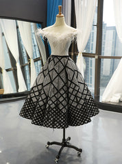 Black White Ball Gown Lace Sequins Tea Length Prom Dress