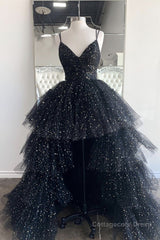 Bling Bling V Neck High Low Black Long Prom Dresses, Fluffy Black Formal Evening Dresses, Ball Gown