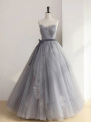 A Line Strapless Appliques Gray Tulle Long Prom Dress Evening Dress