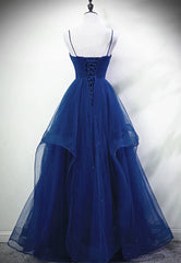 Blue A-line Straps Tulle Layers Long Party Dress, Blue Long Prom Dress