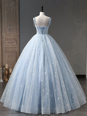 Blue A-Line Tulle Long Prom Dress, Blue Formal Sweet 16 Dress