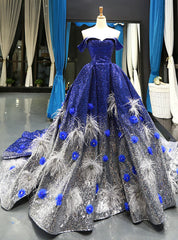 Blue And White Sequins Off The Shoulder Backless Appliques Haute Couture Prom Dress