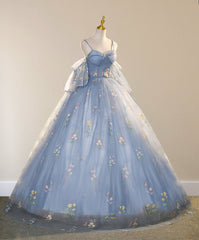 Blue Ball Gown with Scattered Little Flower Prom Dress