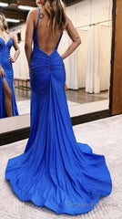 Blue Beading Prom Dress with Slit Formal Evening Dresses