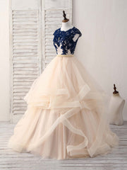 Blue/Champagne Tulle Lace Applique Long Prom Dress, Evening Dress