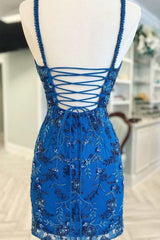 Blue Floral Lace Beaded Lace-Up Back Cocktail Dress