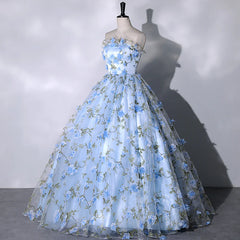 Blue Floral Sweetheart Floor Length Formal Dresses, Blue Long Party Dresses