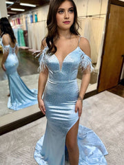 Blue Glitter Feather V Neck Long Prom Dress with Slit