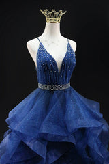 Blue Glitter Tulle Long A-Line Prom Dress, V-Neck Spaghetti Strap Backless Evening Party Dress