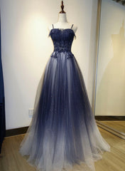 Blue Gradient A-line Tulle Long Formal Dresses Graduation Dress Woman