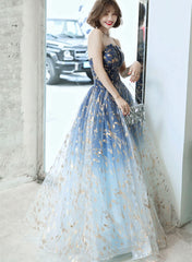 Blue Gradient Beaded A-line Floor Length Party Dress, Blue Tulle Prom Dress