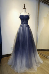 Blue Gradient Straps Tulle Long Party Dress with Lace Blue Junior Prom Dress prom dresses shops